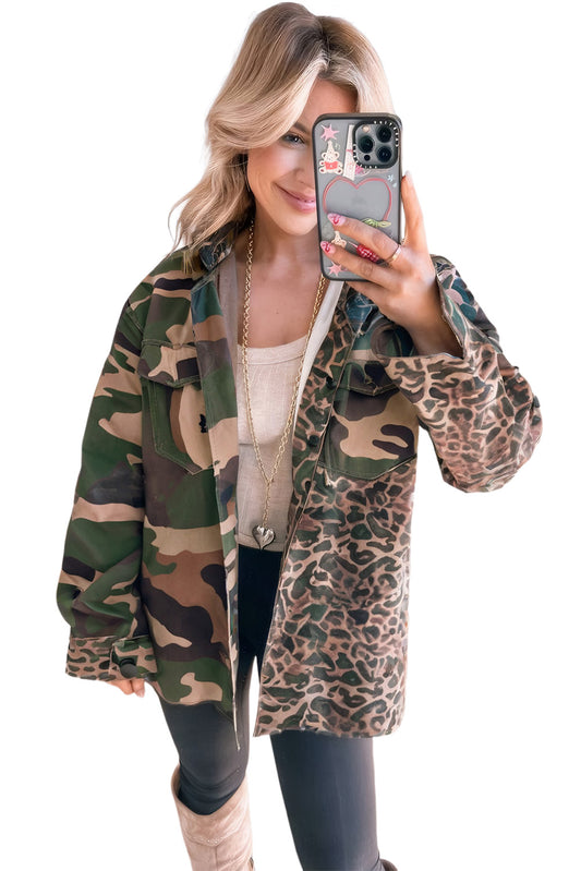 Brown Leopard Camouflage Patchwork Oversized Shacket