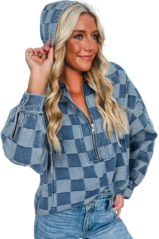 Sky Blue Checkerboard Zipped Collar Kangaroo Pocket Denim Hoodie