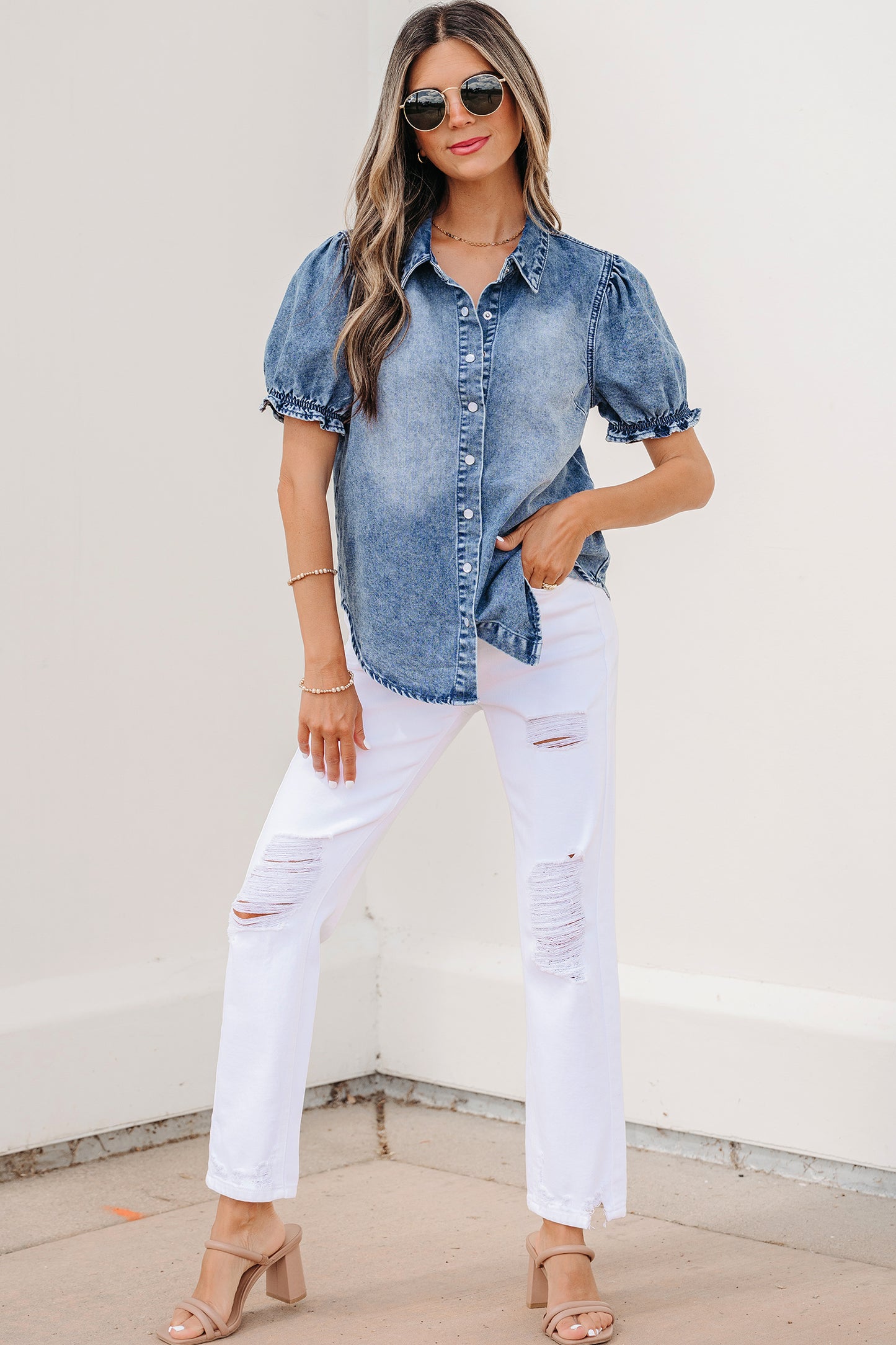 Ruffle Short Sleeve Snap Button Denim Shirt