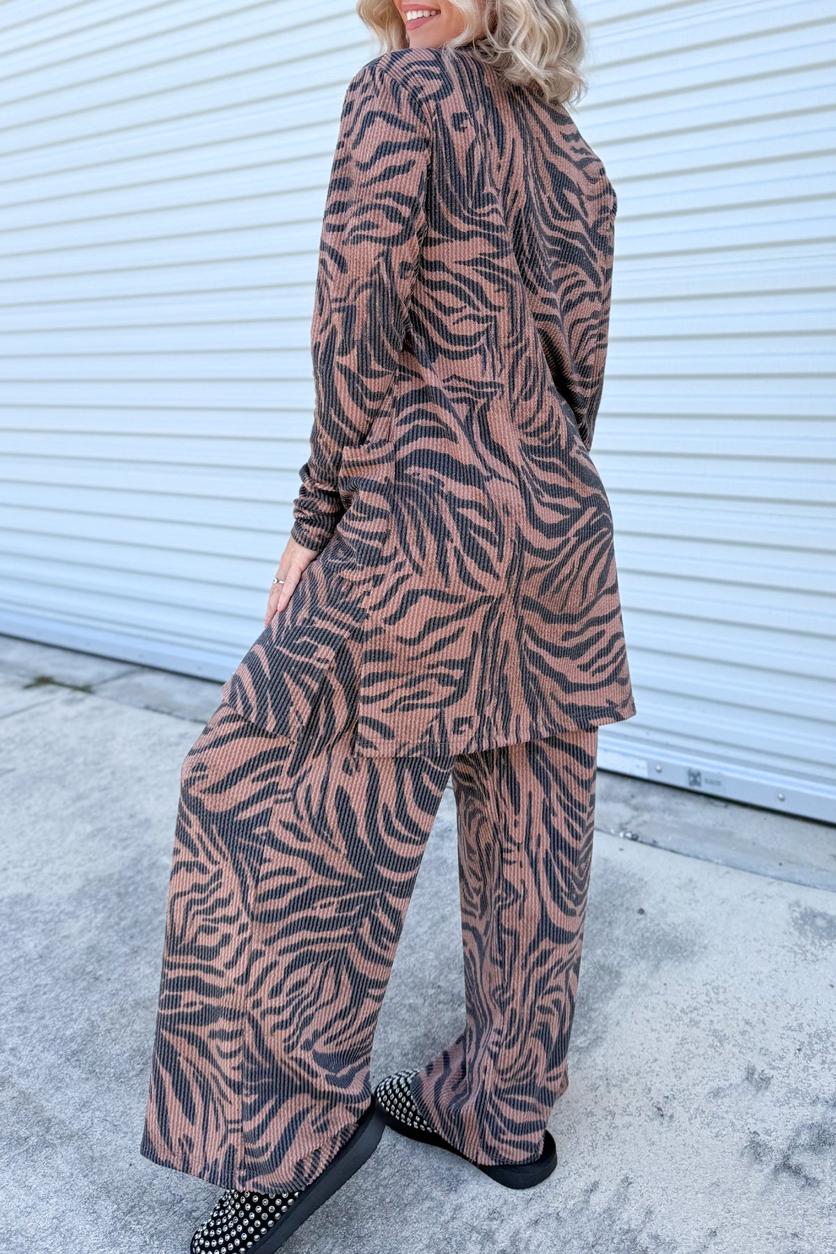 Brown Ribbed Zebra Print Pant Set