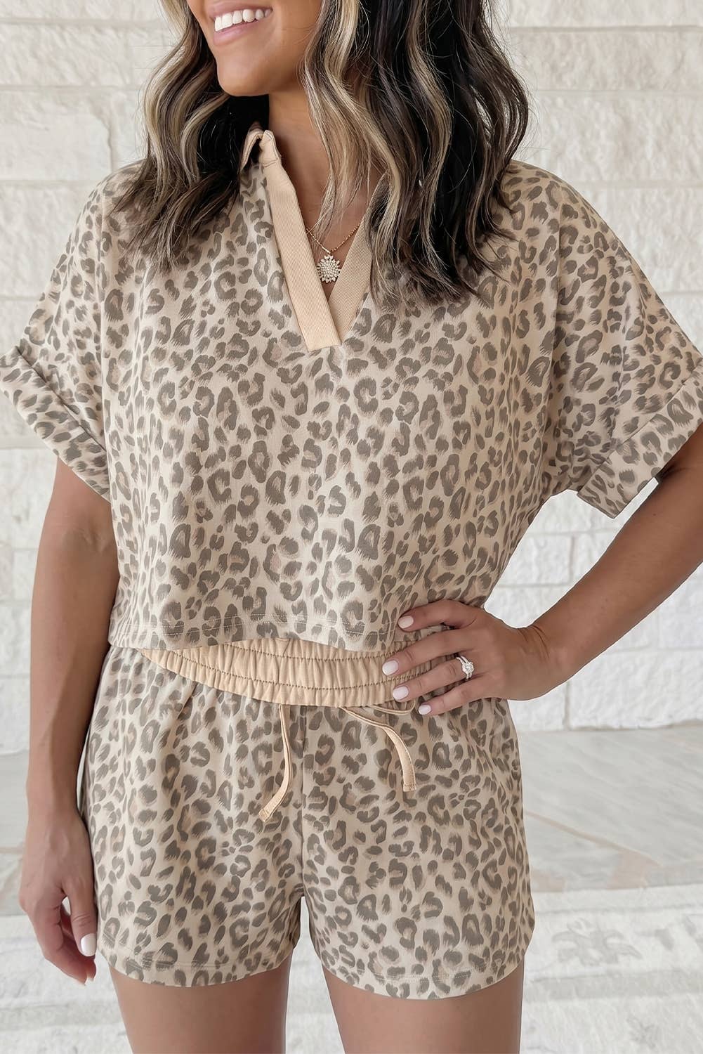 V Neck Collar Patchwork Leopard Western 2pcs Short Set: Brown / L