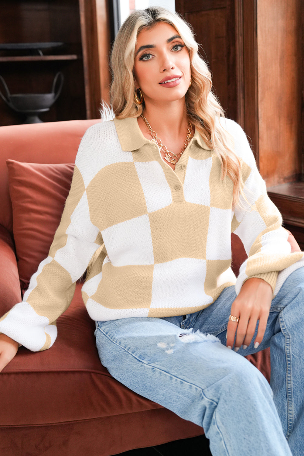 Mist Green Checkered V-Neck Collared Pullover Sweater