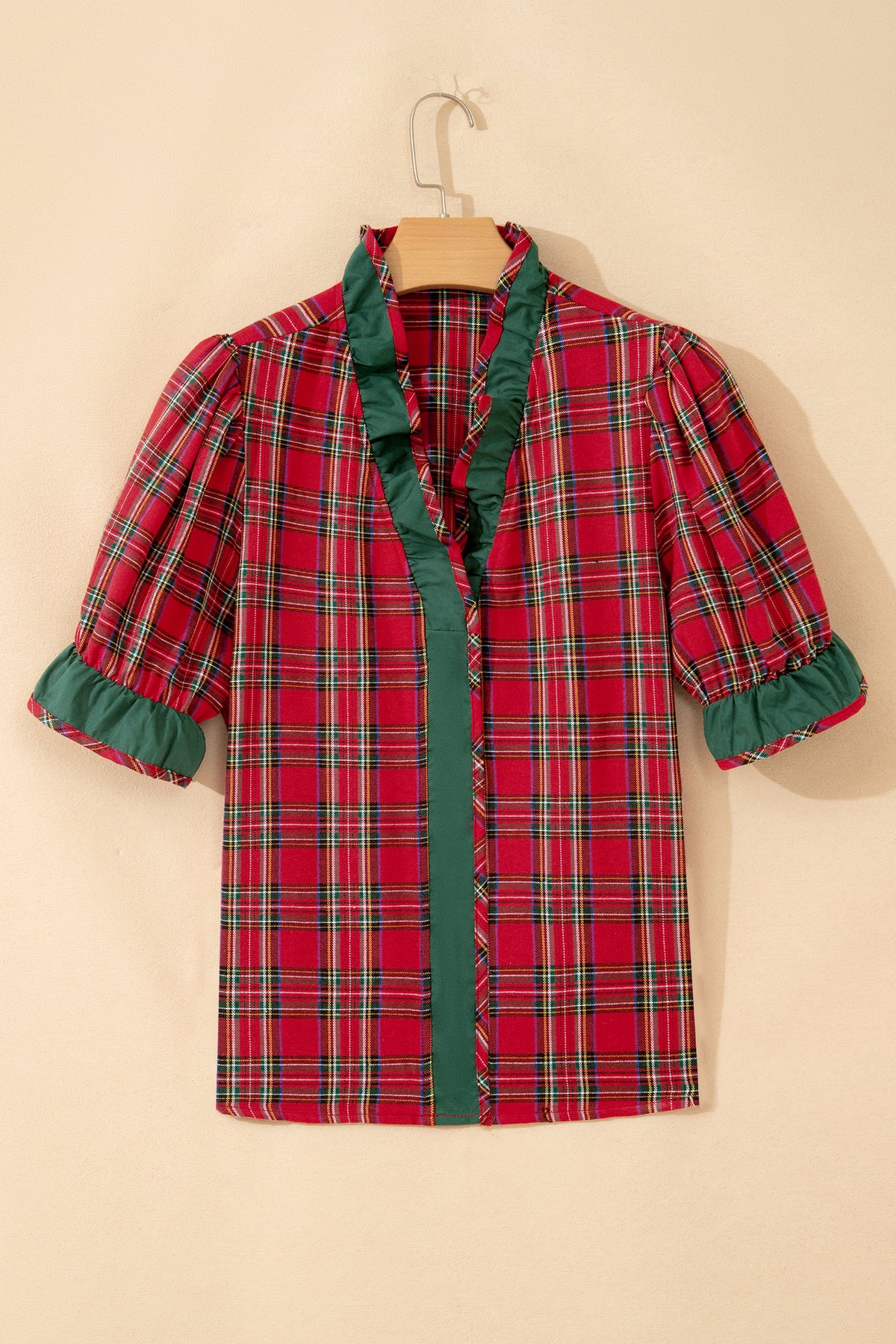 Mistletoe Lane Red Plaid V Neck Ruffle Color Block Trim Short Sleeve Shirt
