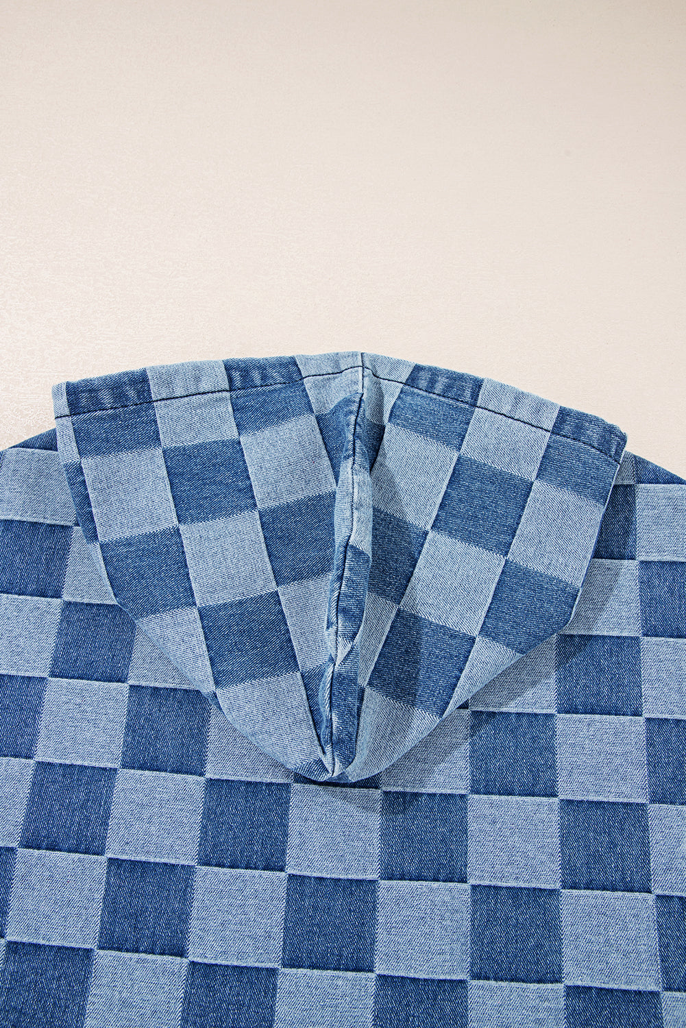 Sky Blue Checkerboard Zipped Collar Kangaroo Pocket Denim Hoodie