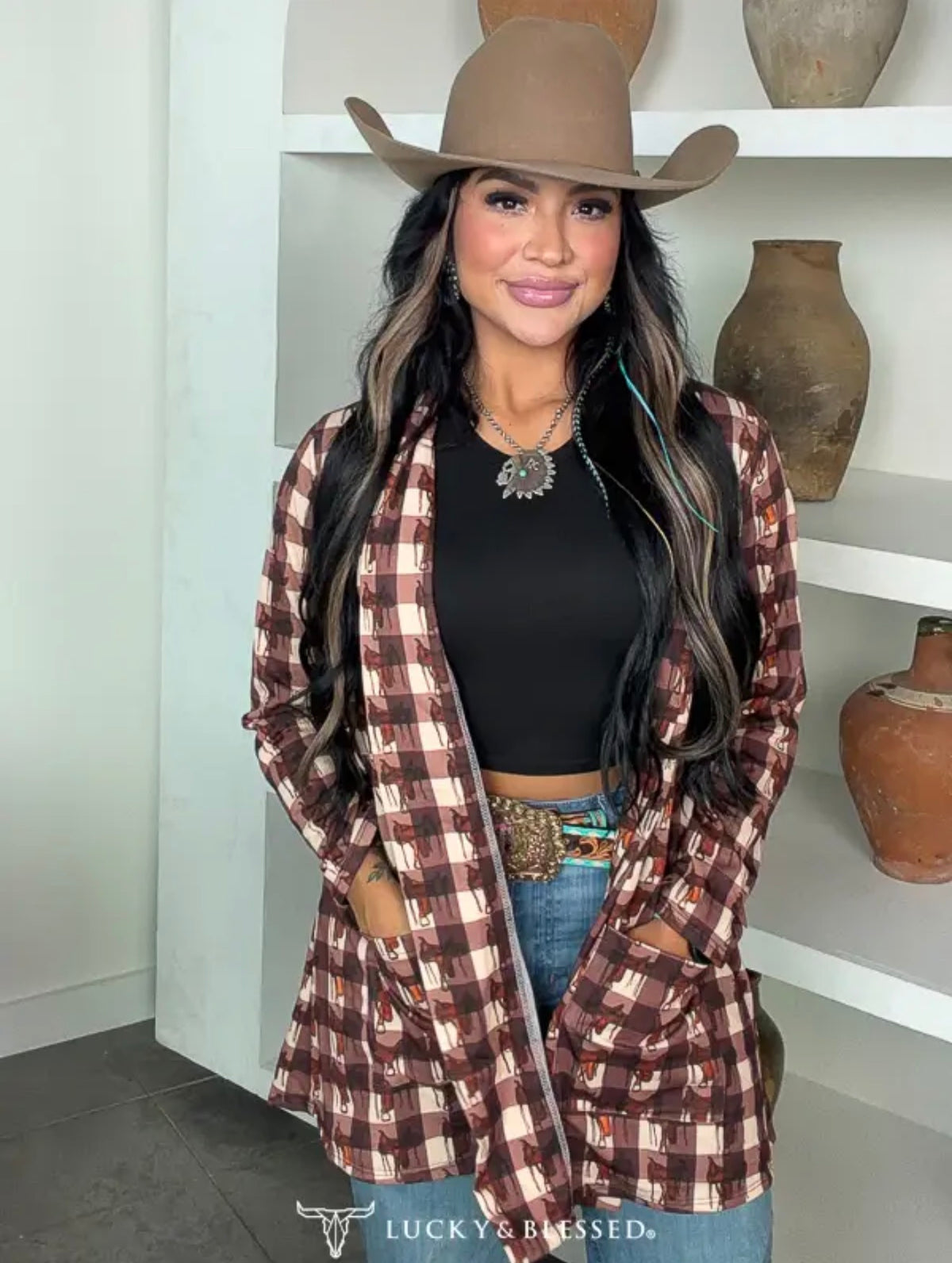 Lucky & Blessed Plaid saddle print cardigan