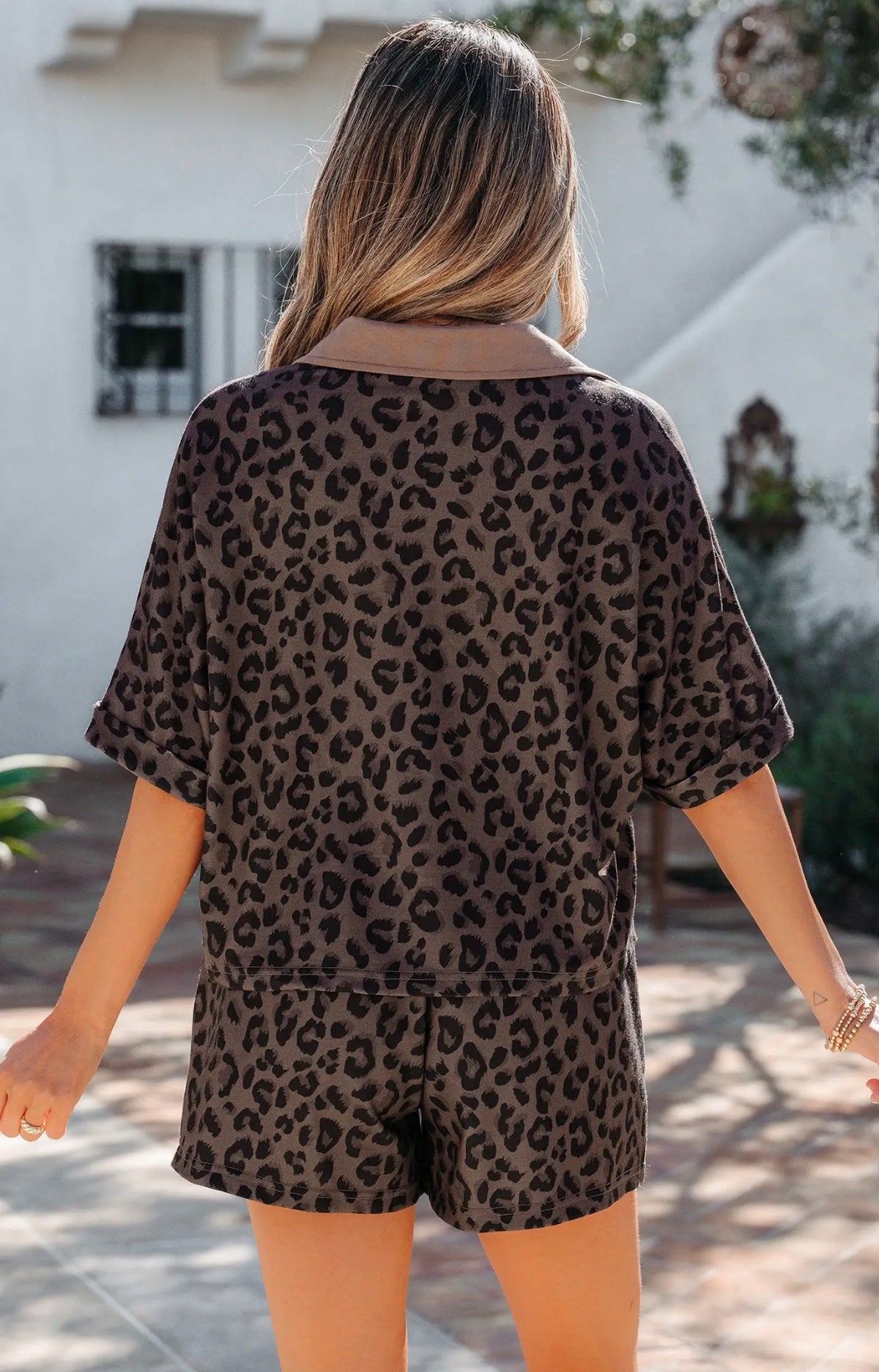 V Neck Collar Patchwork Leopard Western 2pcs Short Set