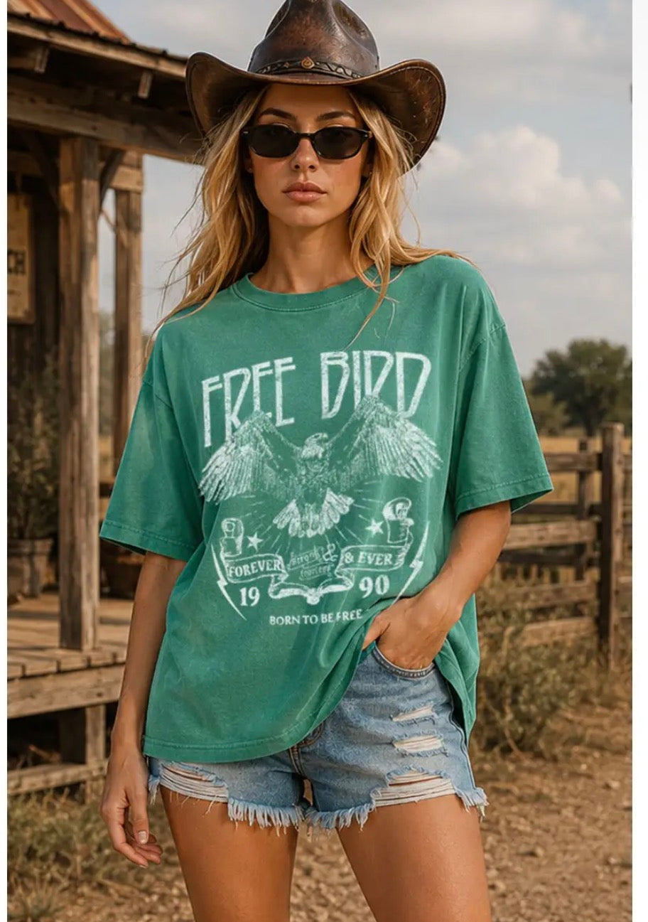 Free Bird graphic tee- GREEN/PINK/TAUPE/CREAM options