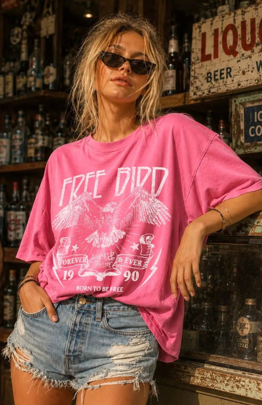 Free Bird graphic tee- GREEN/PINK/TAUPE/CREAM options
