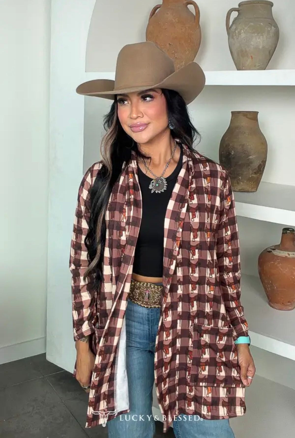 Lucky & Blessed Plaid saddle print cardigan