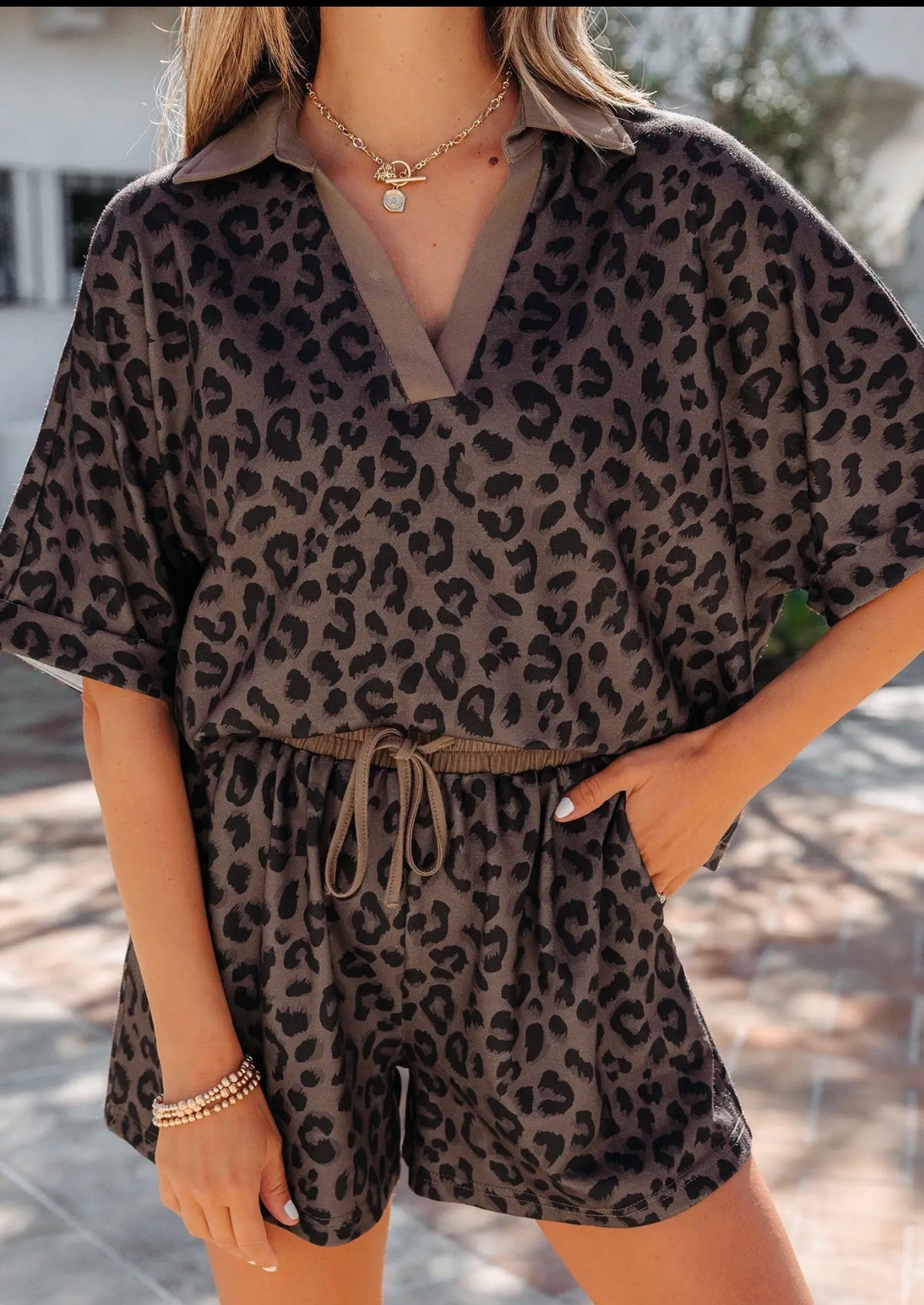 V Neck Collar Patchwork Leopard Western 2pcs Short Set