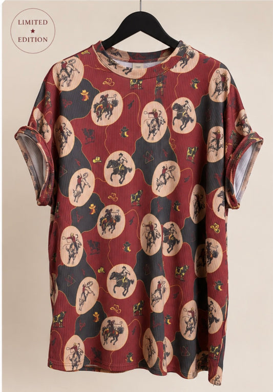 RED GREY RODEO COWBOY RIBBED CUFFED PRINT TOP