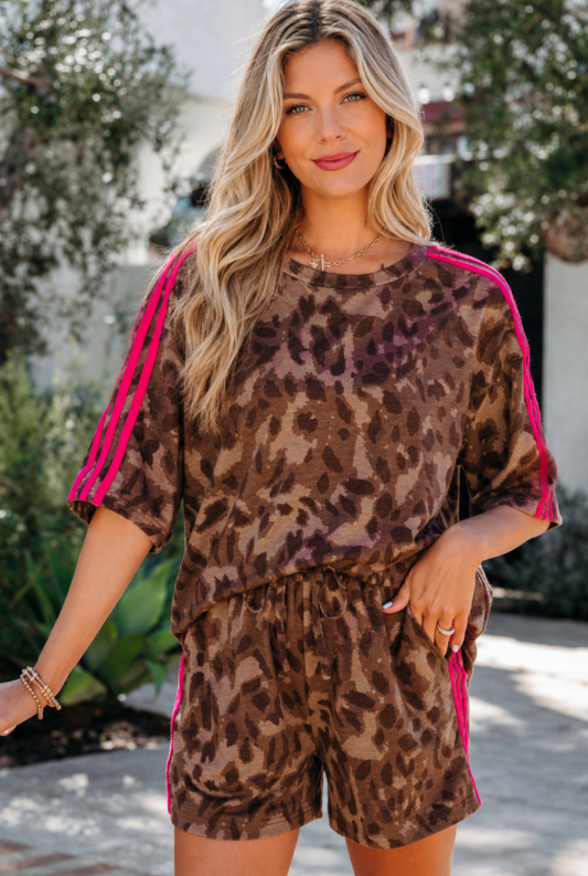 Brown Contrast Striped Accent Leopard Short Set