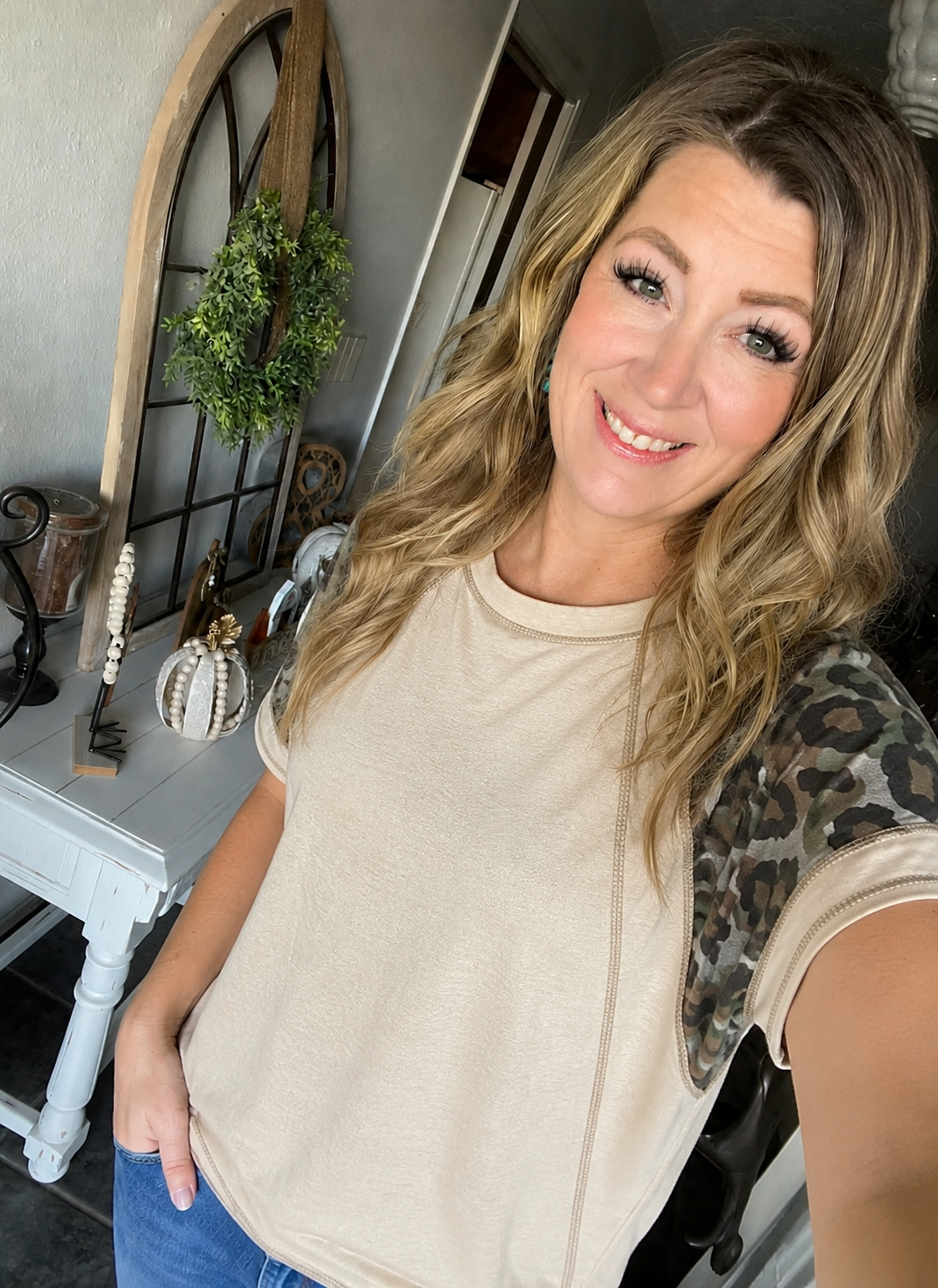 Oatmeal leopard sleeve top