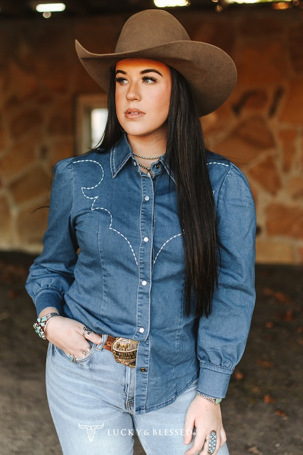 Mid Wash Denim Stretch Embroidered Puff Long Sleeve Shirt