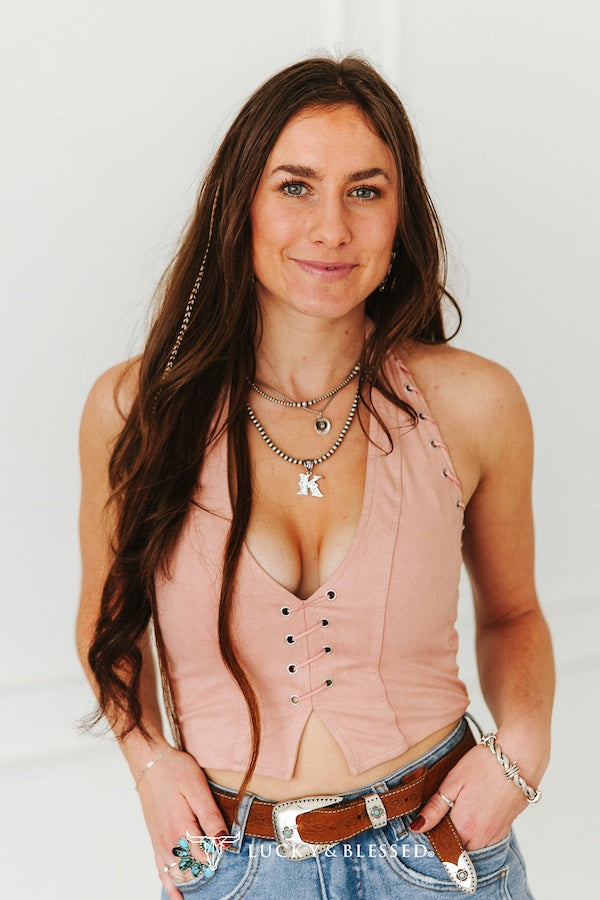 Soft Pink Faux Leather Front Eyelet Halter Top