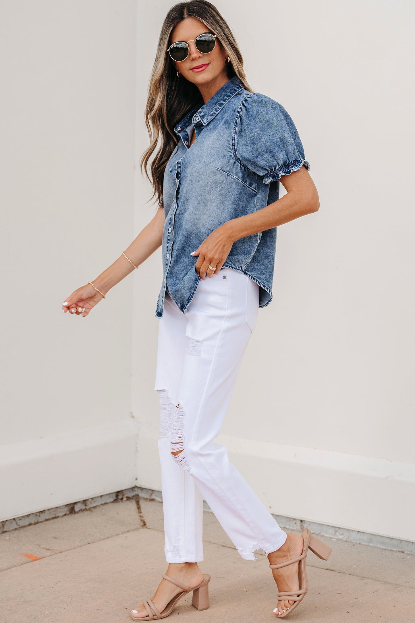 Ruffle Short Sleeve Snap Button Denim Shirt