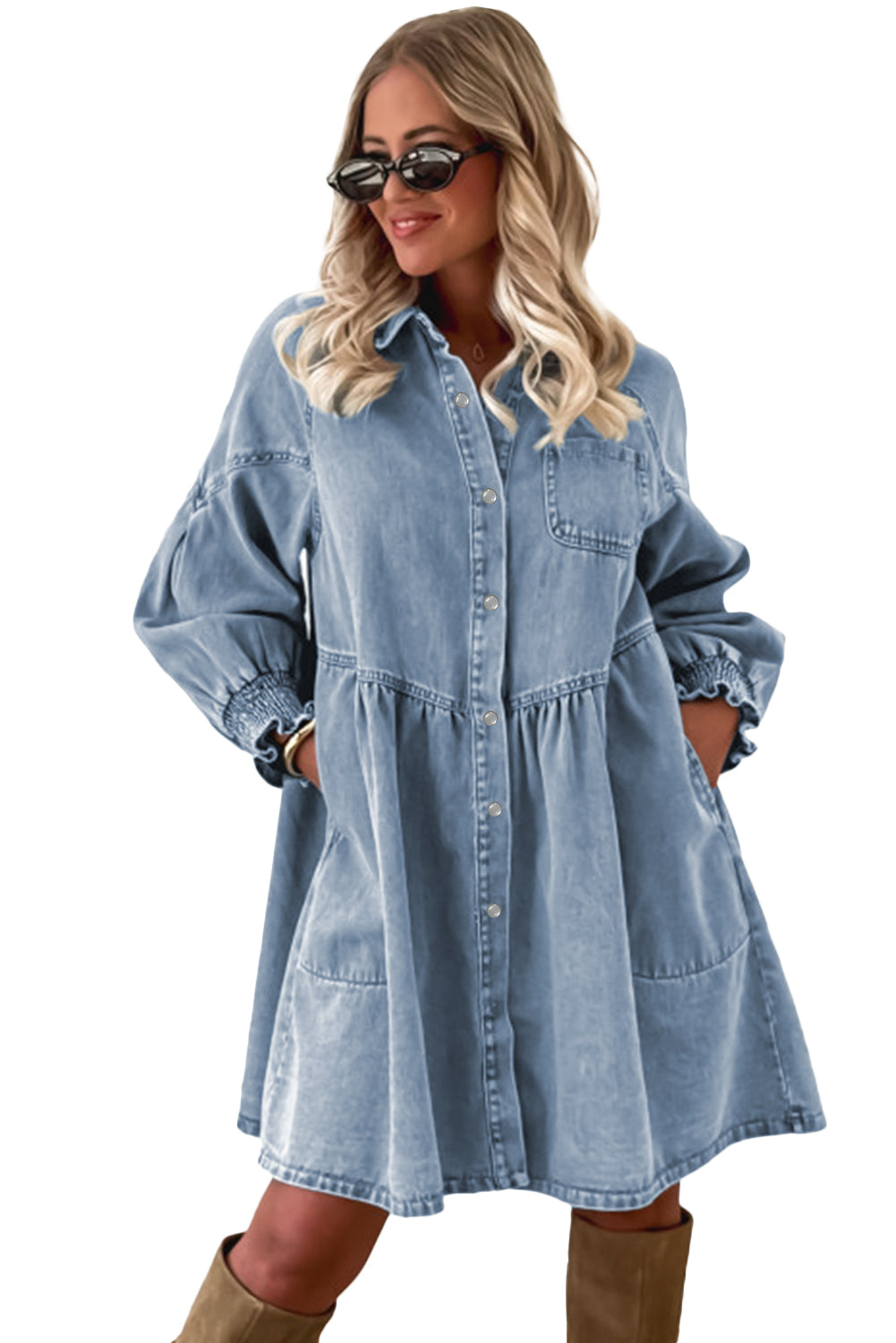Beau Blue Smocked Cuffs Flared Denim Shirt Mini Dress