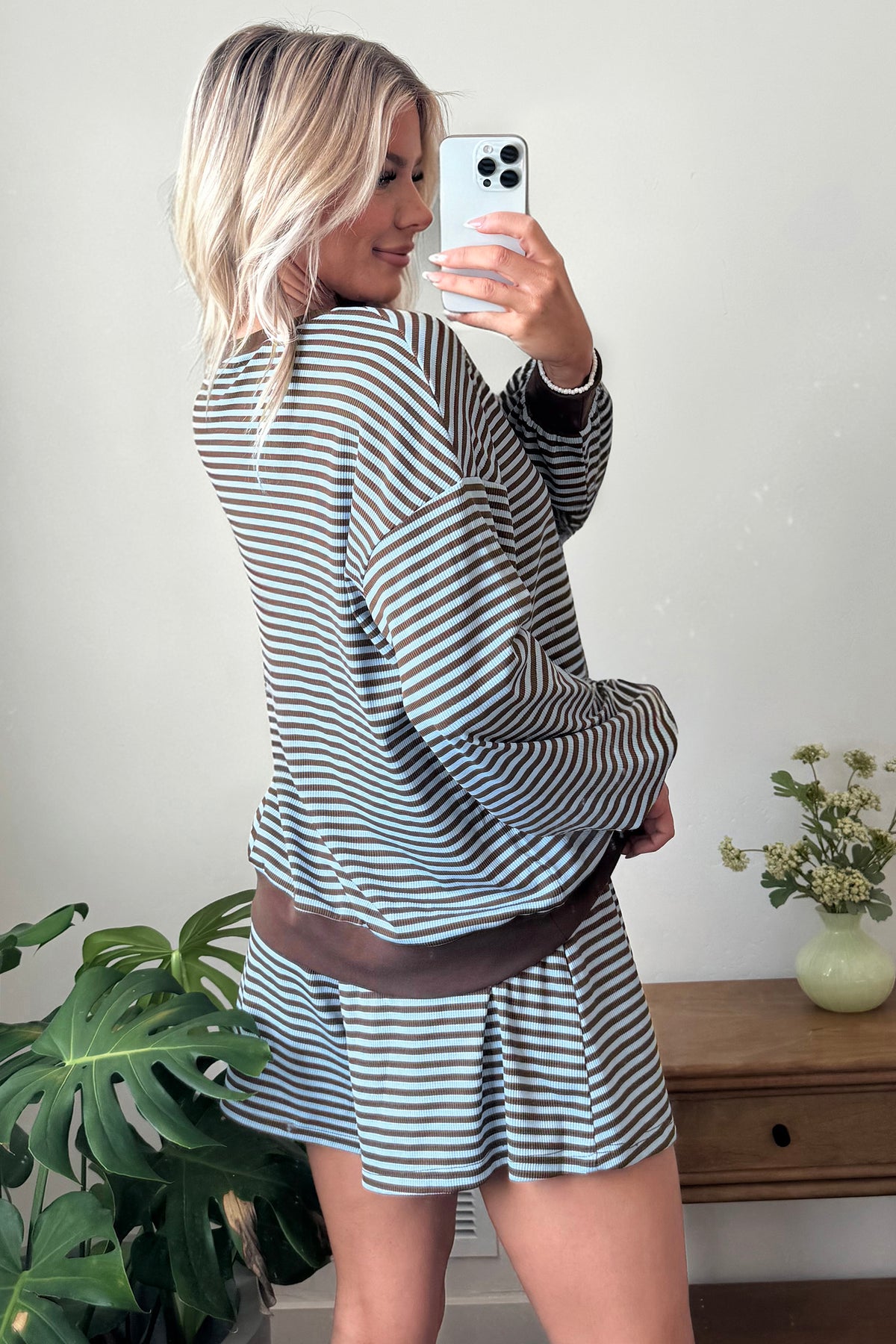 Blue Stripe Oversized Long Sleeve Top Drawstring Loose Shorts 2pcs Set