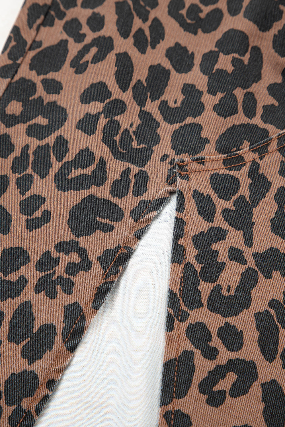 Brown Leopard Frayed Split Denim Midi Skirt