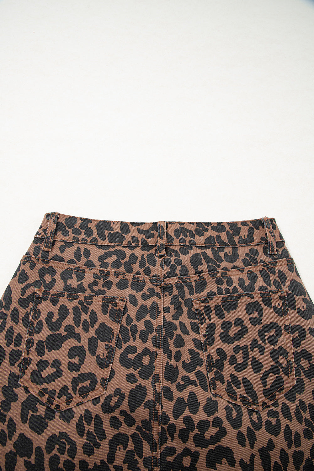 Brown Leopard Frayed Split Denim Midi Skirt