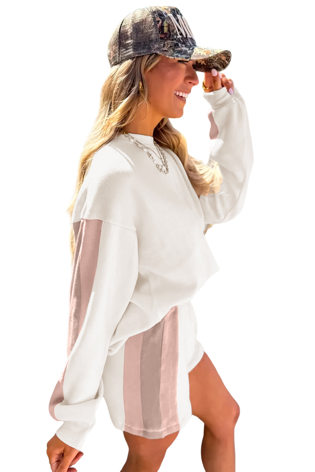 White Colorblock Patchwork Drop Shoulder Pullover Casual Shorts Outfit