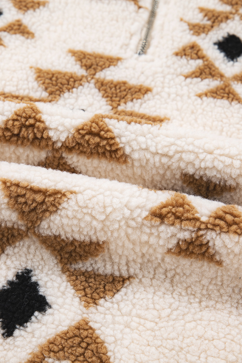 Khaki Geometric Print Sherpa Quarter Zip Collar Sweatshirt