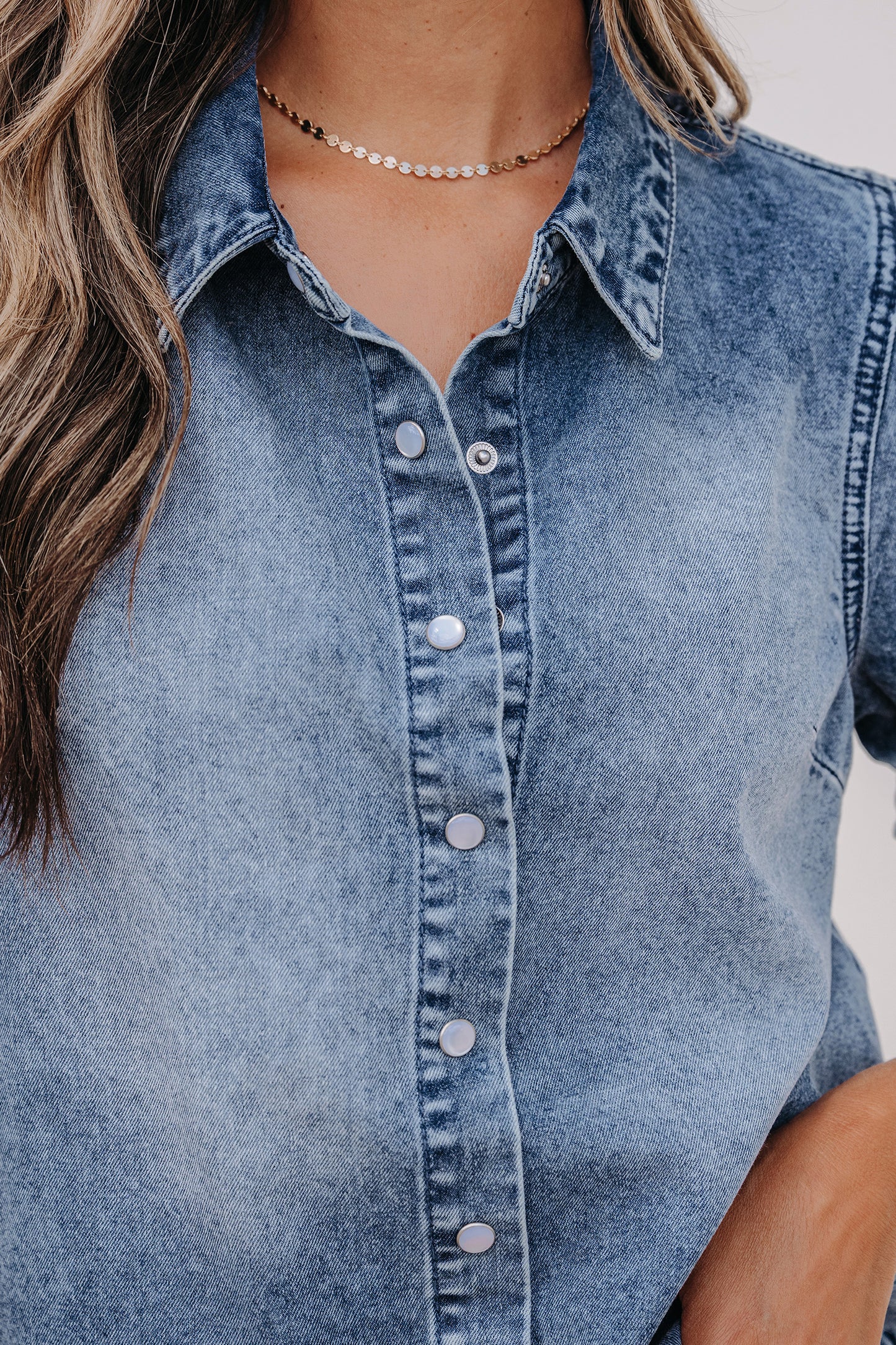 Ruffle Short Sleeve Snap Button Denim Shirt