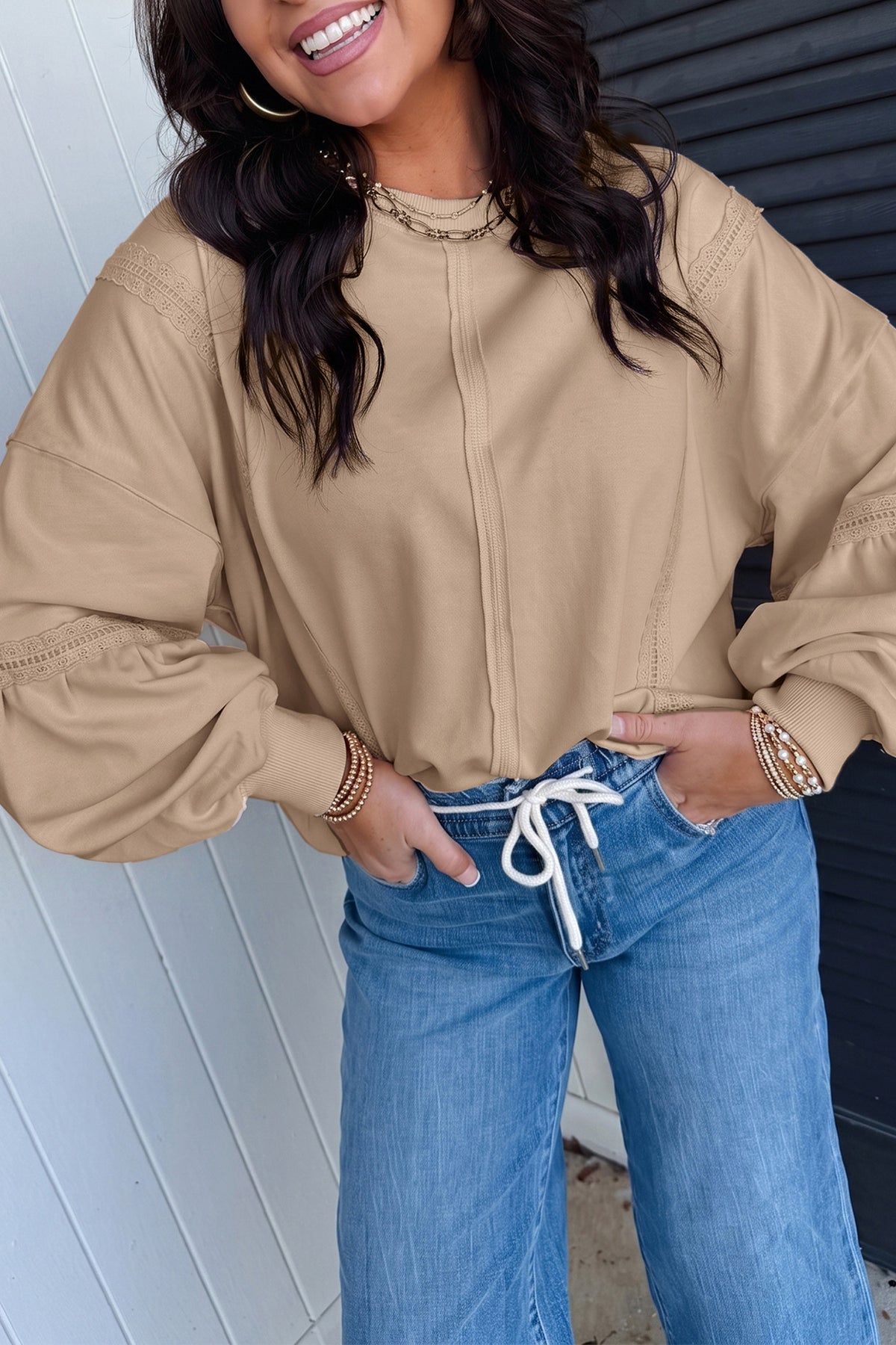 Fiery Red Solid Color Raw Seam Lace Detail Loose Casual Sweatshirt
