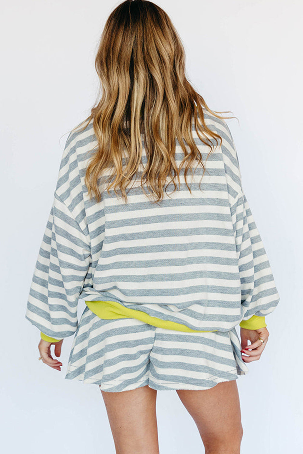 Gray Stripe Contrast Trim Long Sleeve Top and Shorts Set