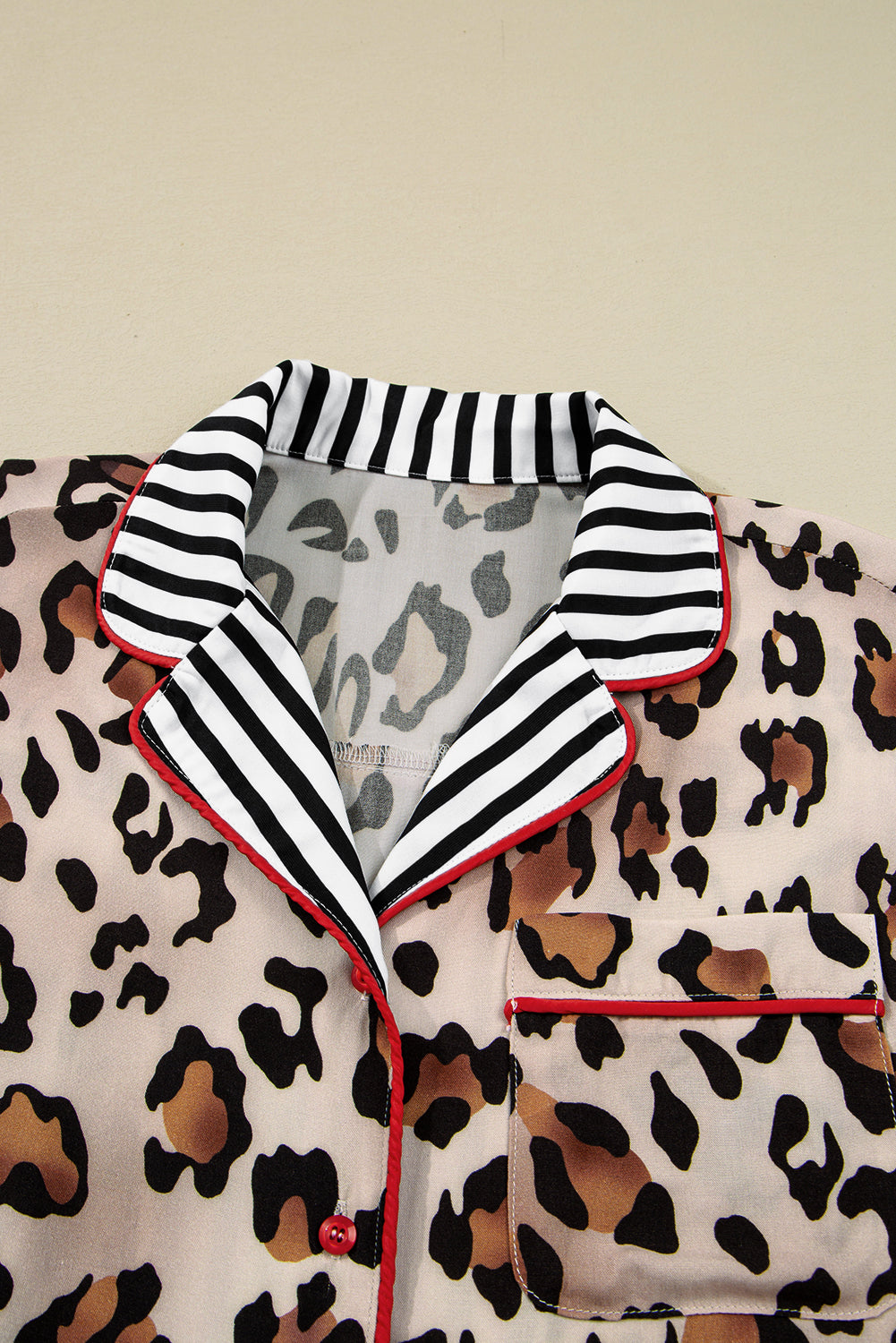 Khaki Leopard Print Colorblock Striped Patchwork Shirt and Pants Pajama Set