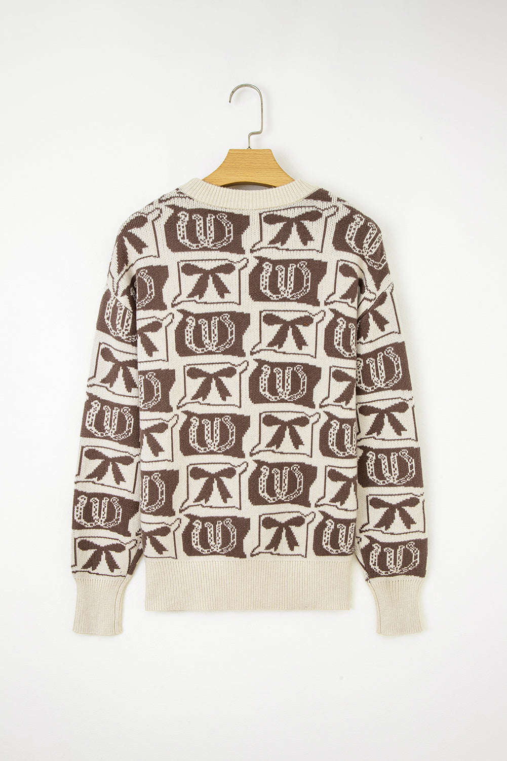 Brown Colorblock Bow Pattern Drop Sleeve Sweater