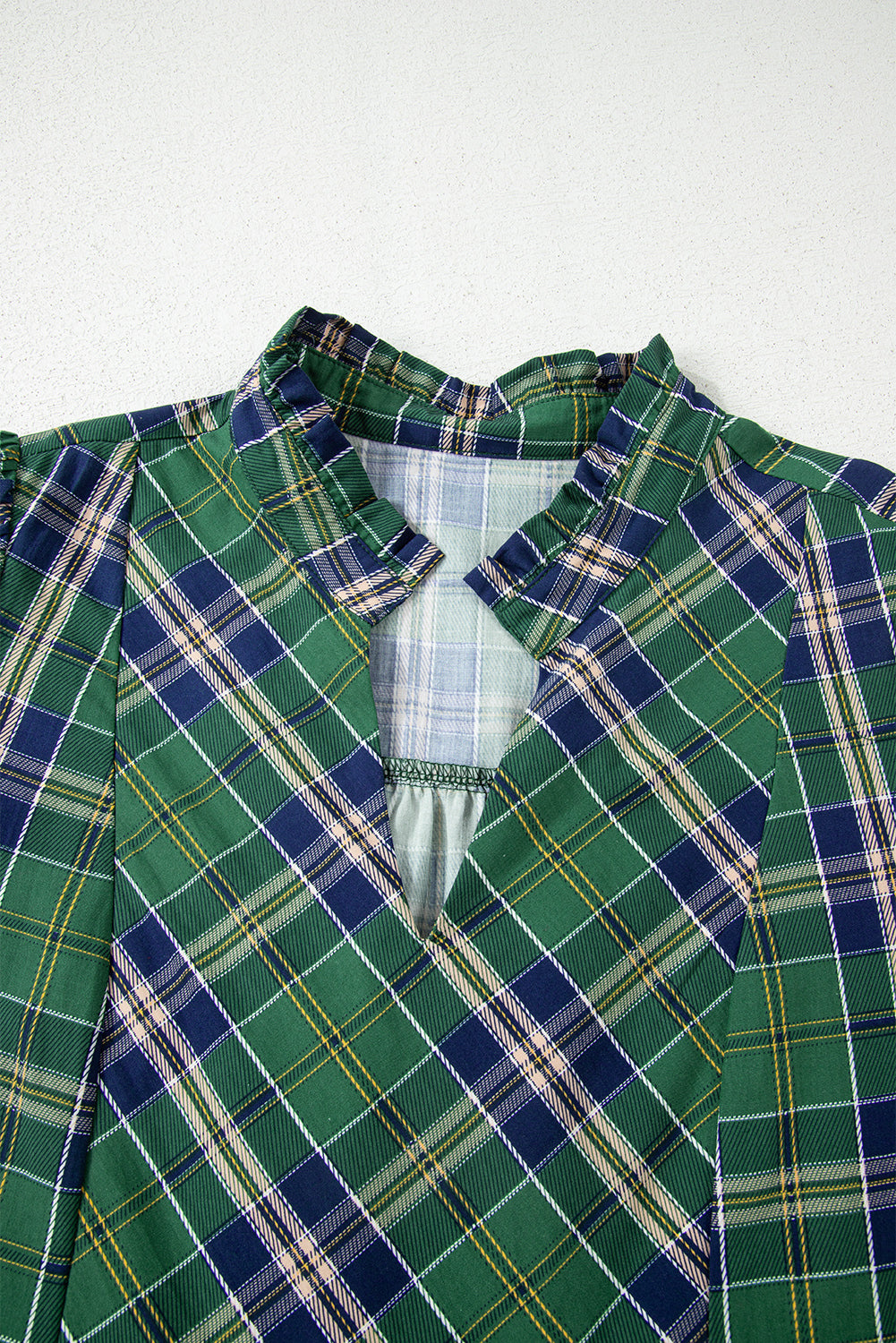 Green Plaid Print Frill Neck Long Sleeve Mini Dress