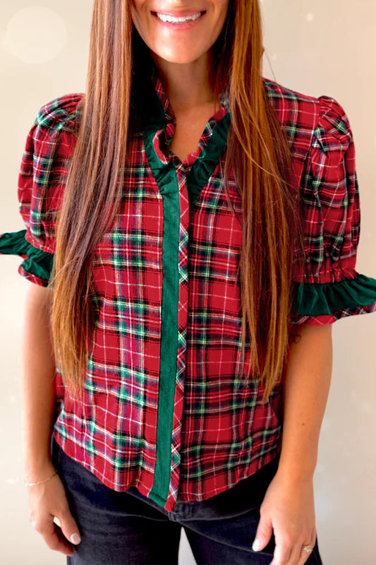 Mistletoe Lane Red Plaid V Neck Ruffle Color Block Trim Short Sleeve Shirt