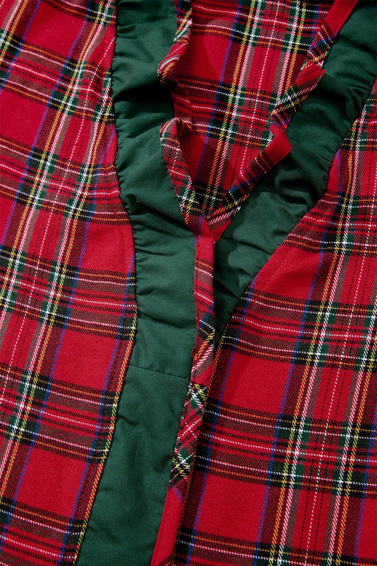 Mistletoe Lane Red Plaid V Neck Ruffle Color Block Trim Short Sleeve Shirt