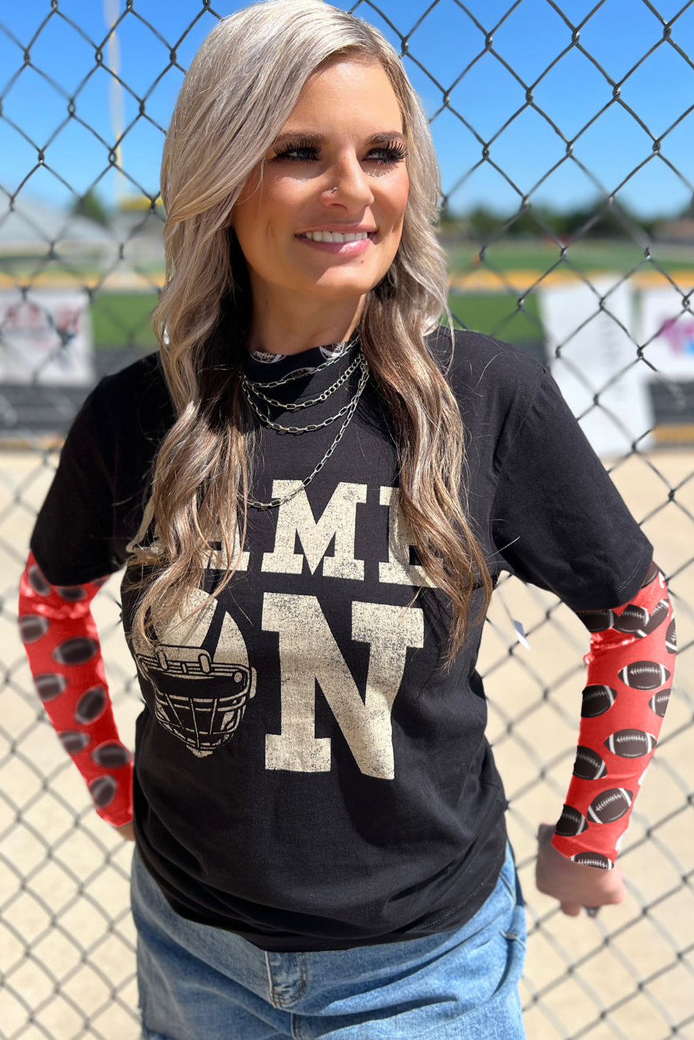 Black Game Day Football Mesh Sheer Long Sleeve Top