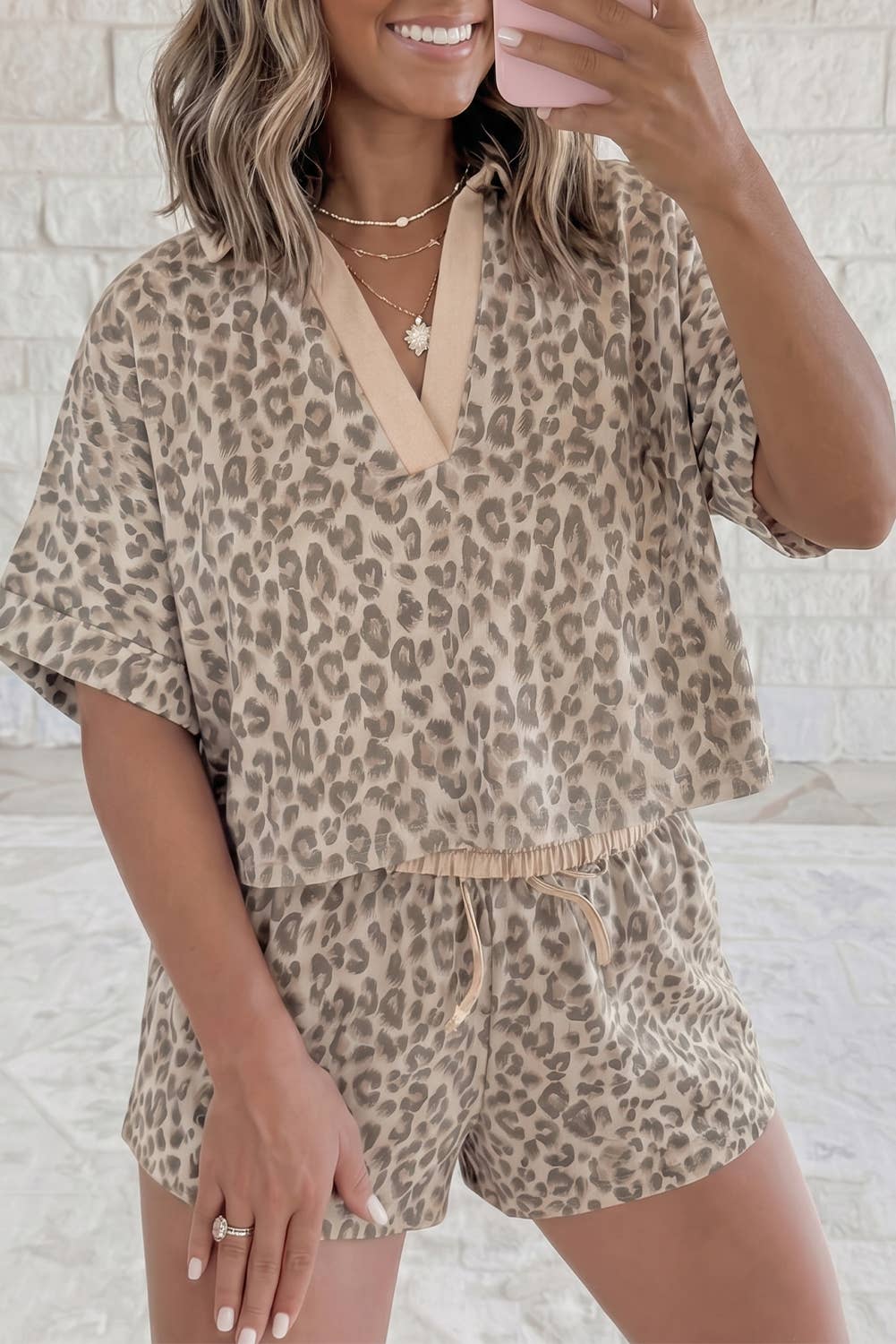 V Neck Collar Patchwork Leopard Western 2pcs Short Set: Brown / S