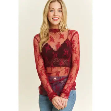 Lace Mesh Top- Burgundy Red