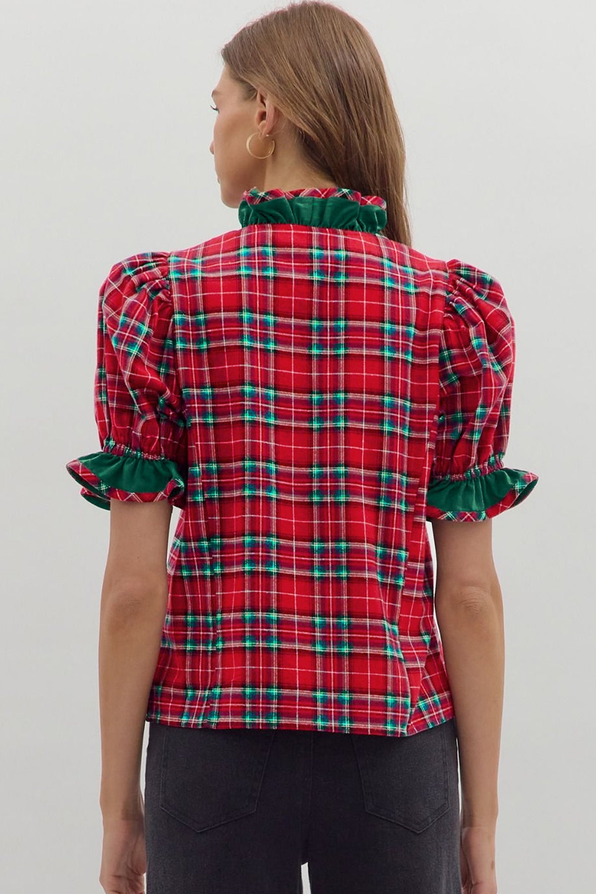 Mistletoe Lane Red Plaid V Neck Ruffle Color Block Trim Short Sleeve Shirt