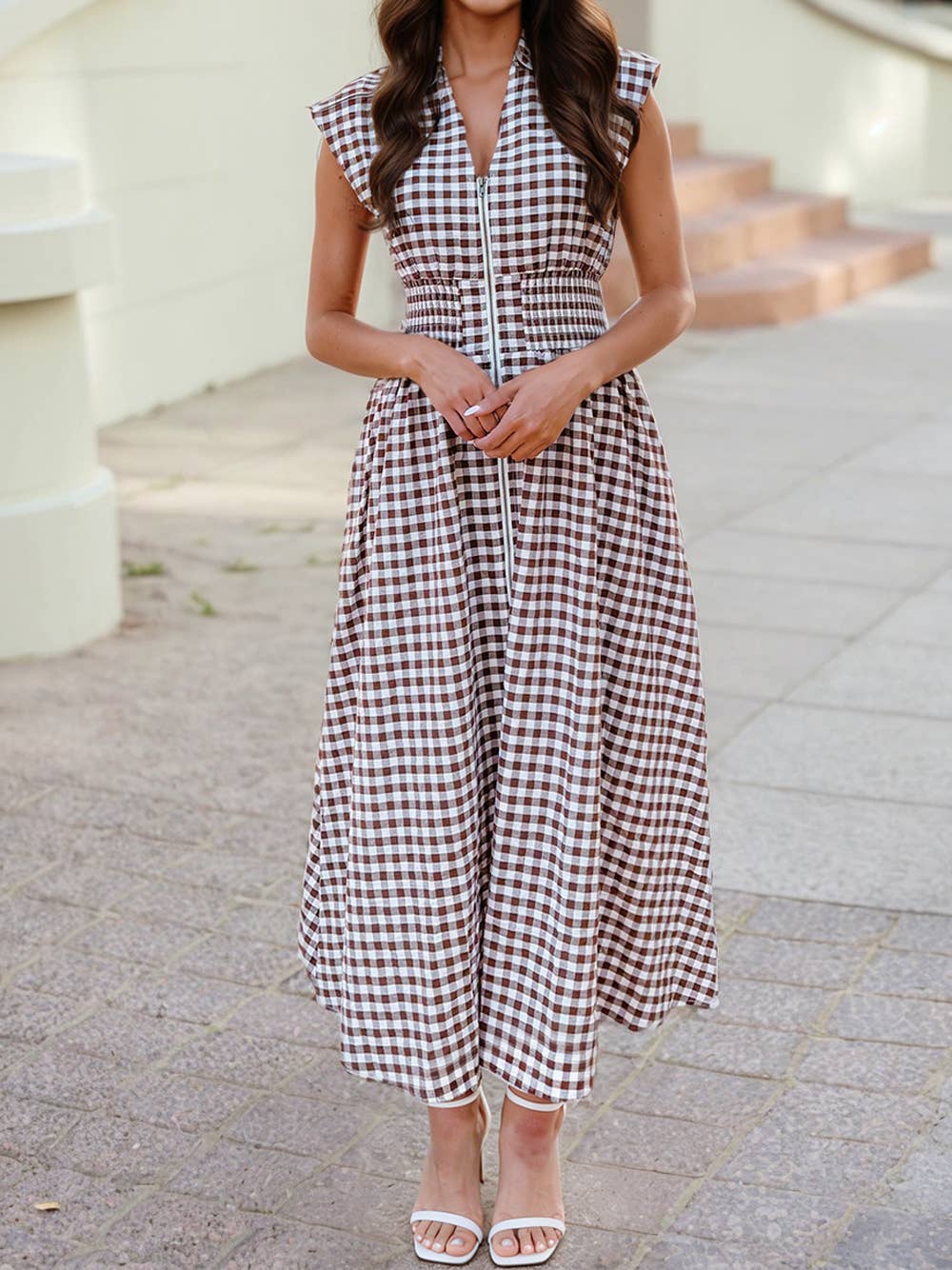 Full Zipper Gingham Waist Fit Flare Sleeveless Maxi Dress: Coffee / S