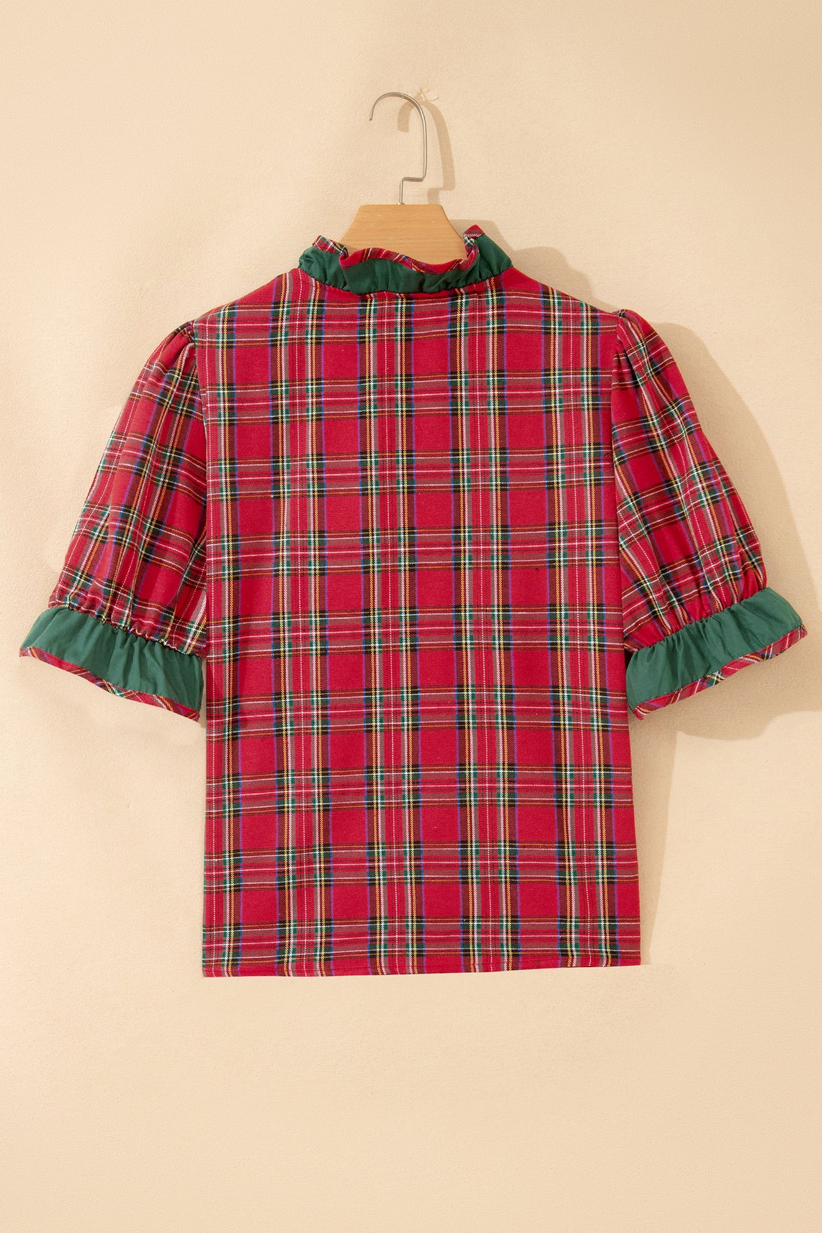 Mistletoe Lane Red Plaid V Neck Ruffle Color Block Trim Short Sleeve Shirt