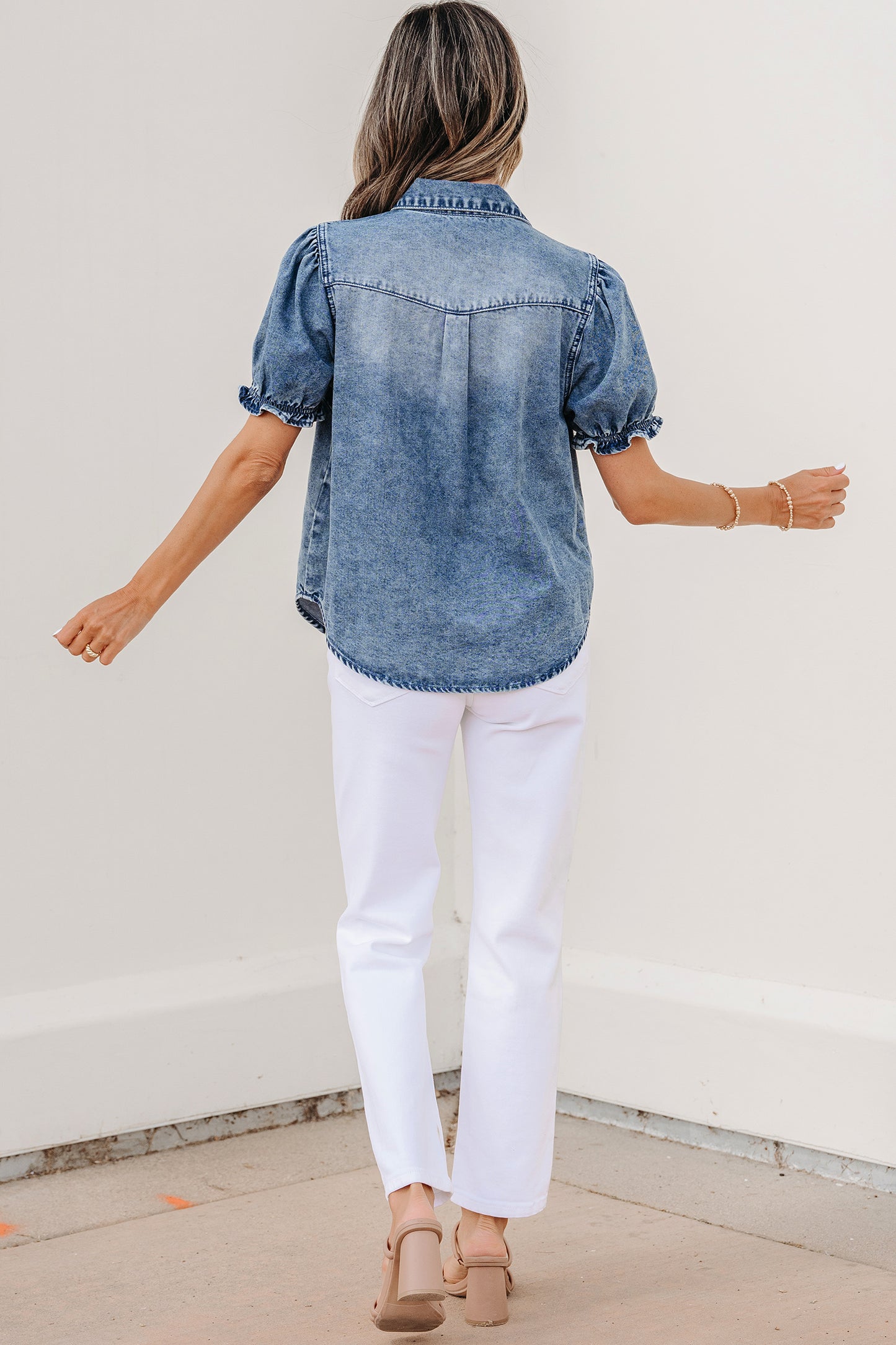 Ruffle Short Sleeve Snap Button Denim Shirt