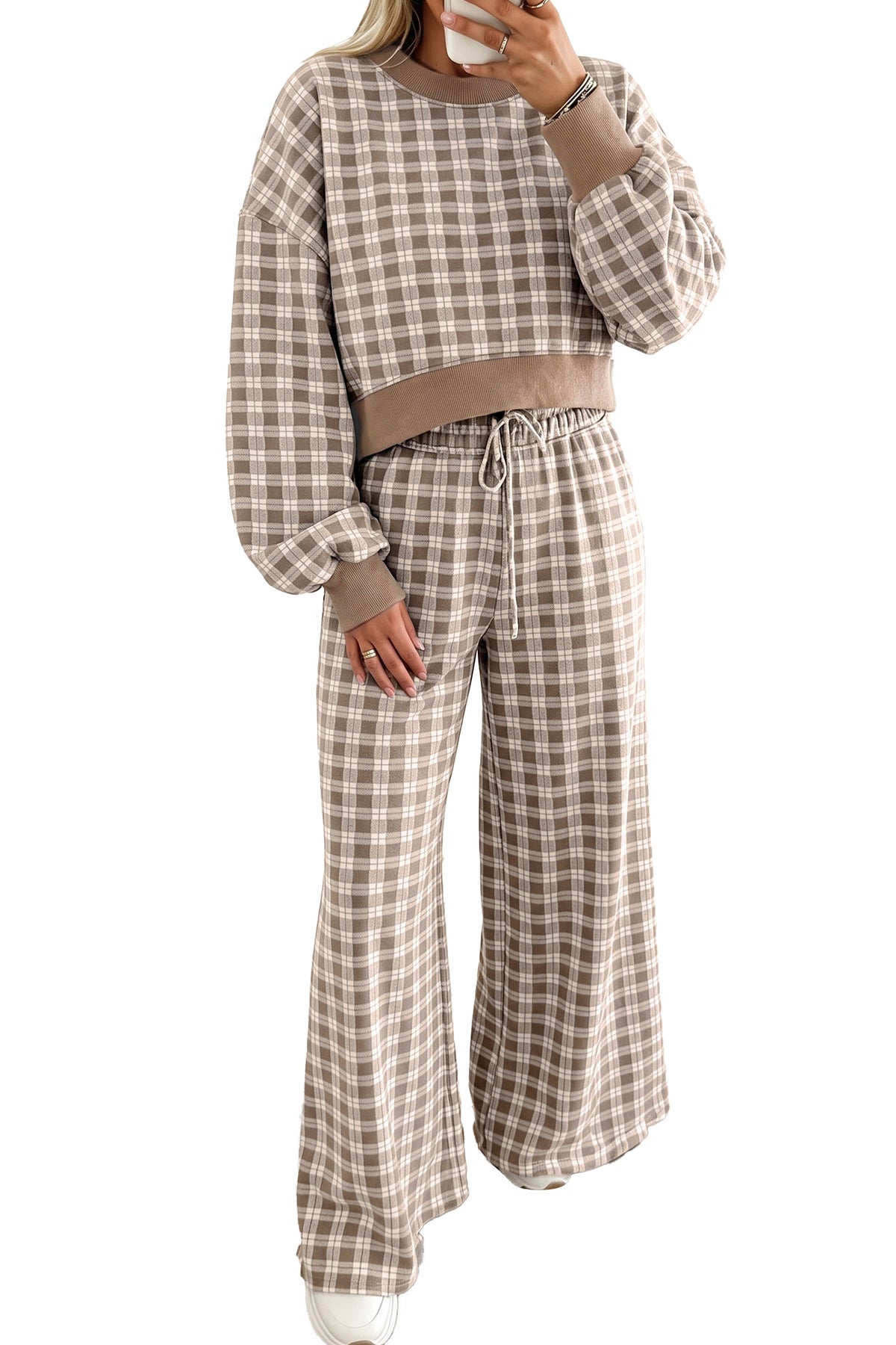 Brown Plaid Two -Piece Set