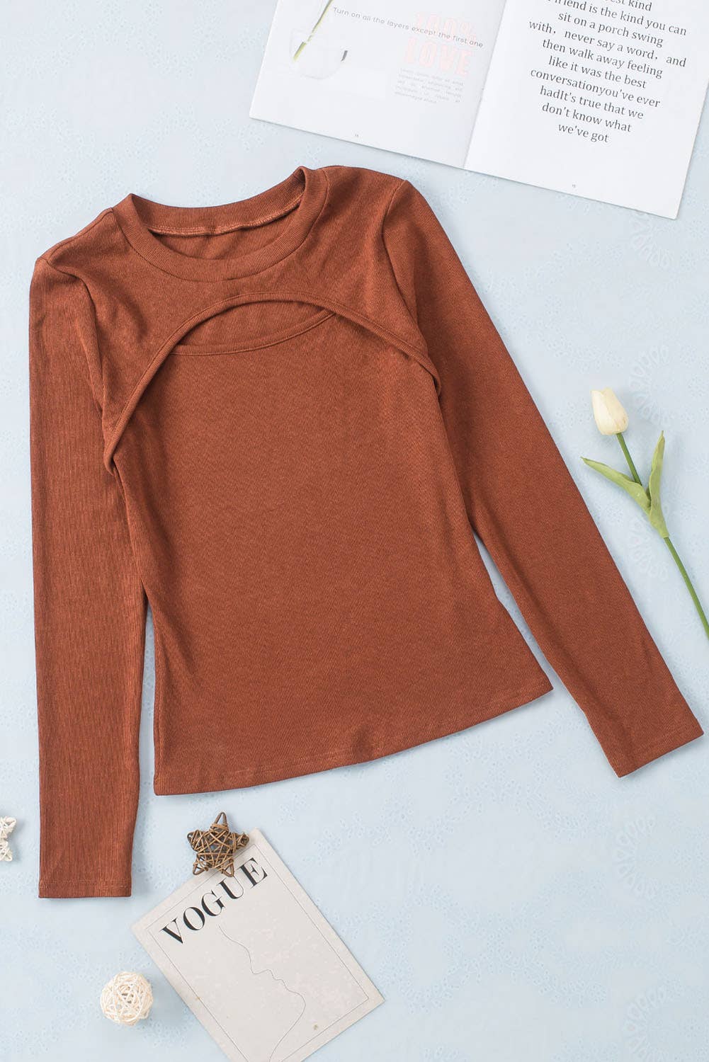 Ribbed Peekaboo Cutout Long Sleeve Top: Brown / 70%Polyester+25%Cotton+5%Elastane / M