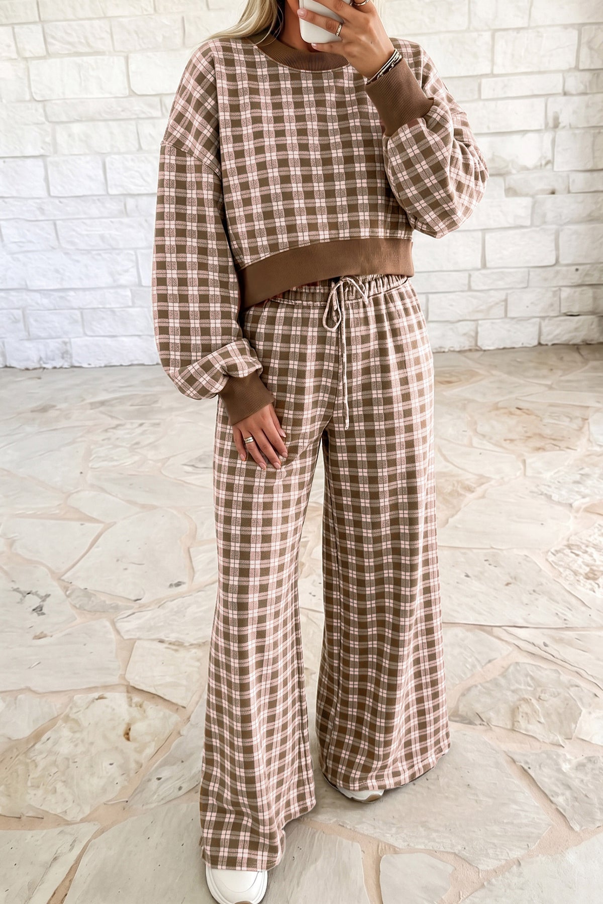 Brown Plaid Two -Piece Set