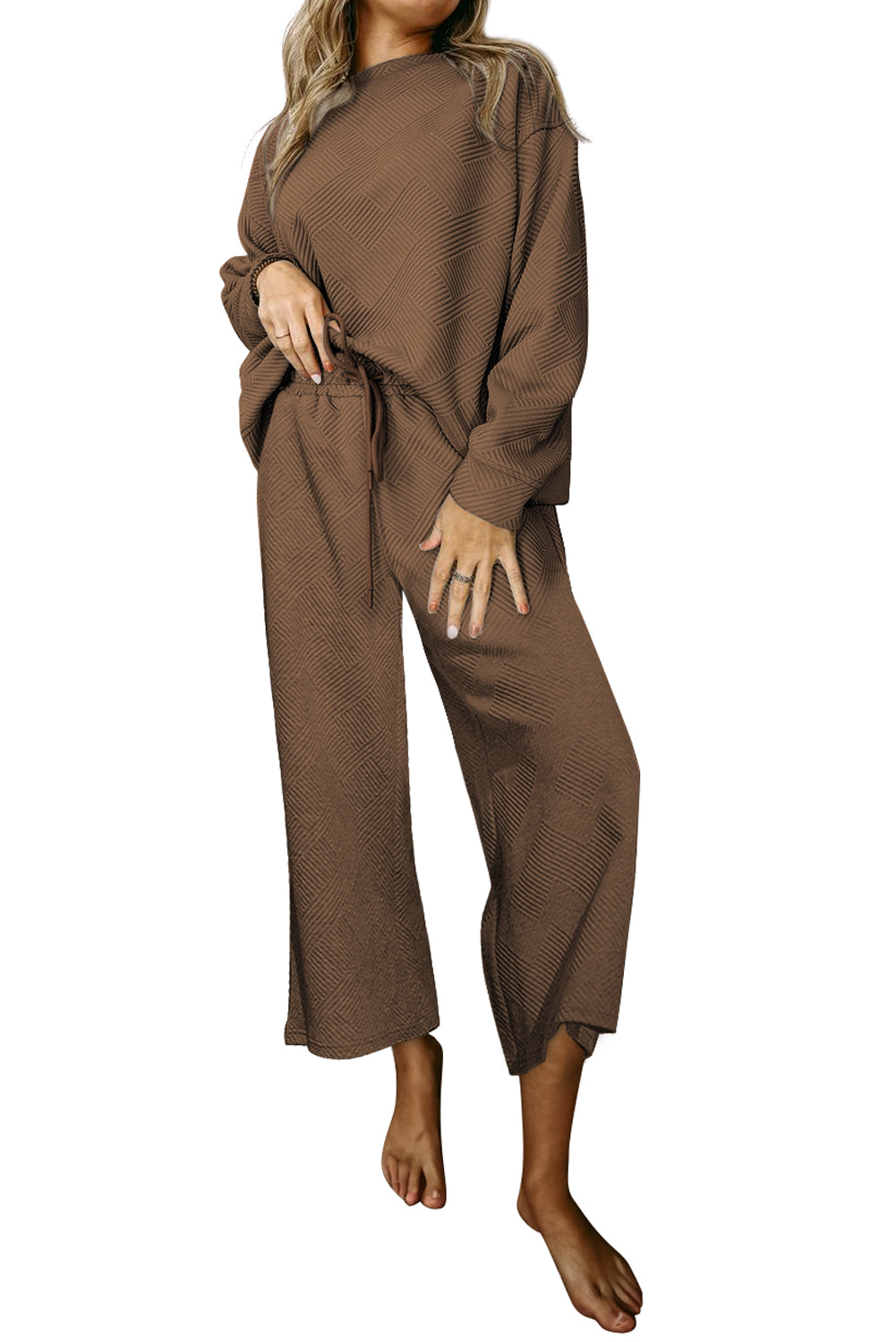 Dark Brown Textured Loose Slouchy Long Sleeve Top and Pants Set