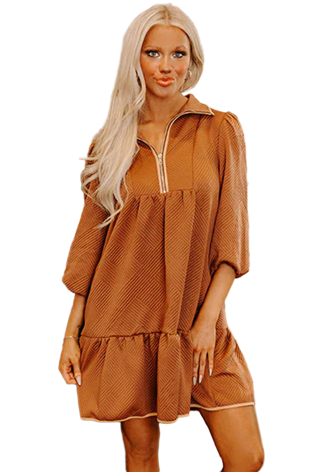 Jungle Green  Quarter Zip Collar Bracelet Sleeve Textured Mini Dress