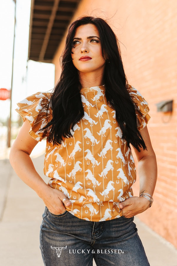 Honey Horse Printed Double Ruffle Short Sleeve Shirt